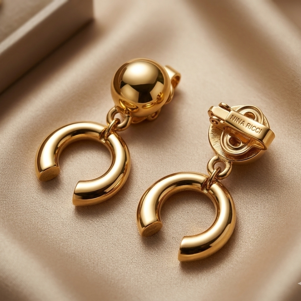 Vintage Nina Ricci Gold Clip On Earrings 80s-90s Dangling C Orb Designer Rare1
